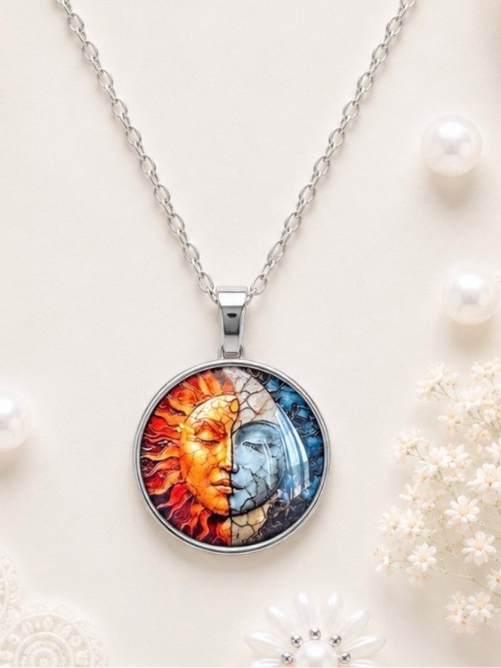 Sun & Moon Art Pendant Necklace - Silver Tone Chain - NWOT